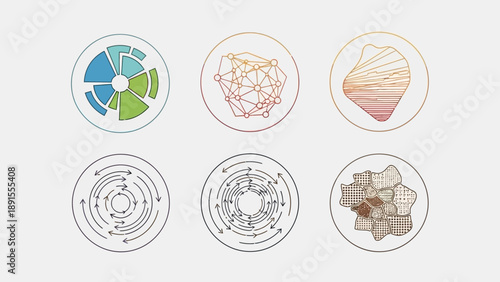 Abstract Circular Icons Set: Data, Network, Structure, Flow, Strategy, City