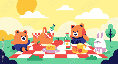 Two cartoon bears and a rabbit having a picnic on a red and white checkered blanket in a sunny outdoor setting