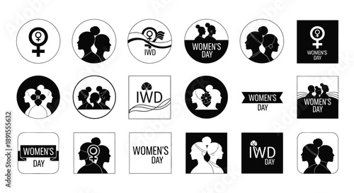 Collection of international women's day icons in black and white