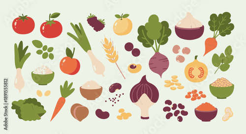 Assorted vegetables and fruits arranged in a colorful illustration on a light background from a top view