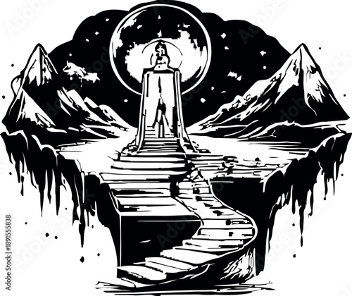 Vector woodcut illustration of a man’s silhouette sitting on rocks in a vintage tarot art style