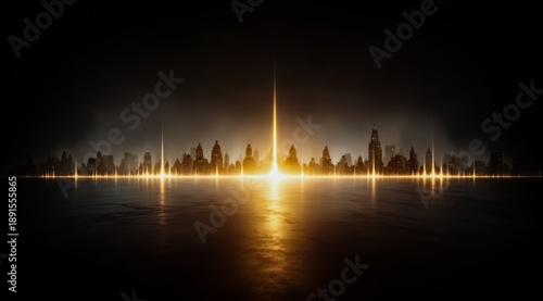 City skyline is lit up in the dark with a bright yellow light. The city is in the background