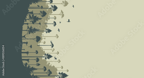 Whispering Trees and Flight: An artistic rendering captures a serene woodland scene, with stylized trees transitioning from shaded darkness to a tranquil expanse.