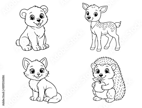 Cute woodland animal outline set for kids coloring: bear cub, deer fawn, fox and hedgehog holding an apple. Clean black line art on white for nursery activities.
