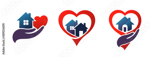 Home care and real estate protection icons with house inside heart and helping hand, plus heart beside home. Red and blue symbols for mortgage, insurance, security and property support.