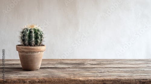 Cactus on Rustic Wooden Table with Blank White Wall in Background, Creating a Simple and Minimalist Decor Element for Any Space