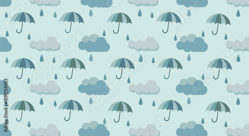 Seamless pattern of umbrellas, clouds, and raindrops on a light background viewed from directly above.