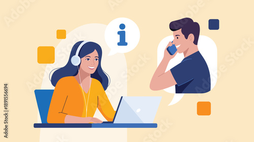 Customer support and information service illustration with woman using laptop and man talking on phone for online help concept