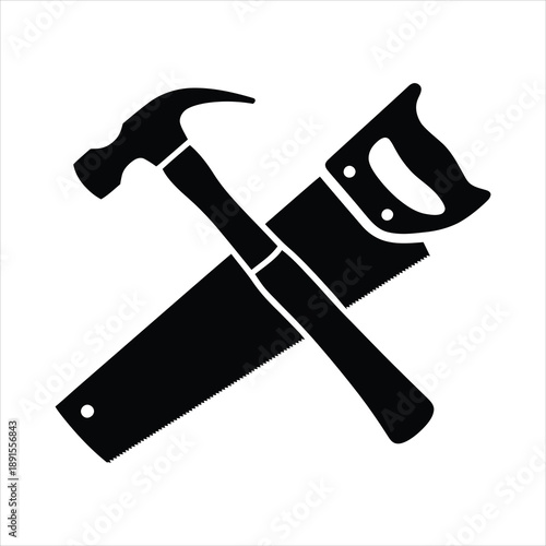 A clear illustration showing a hammer and a hand saw crossed, rendered in solid black against white
