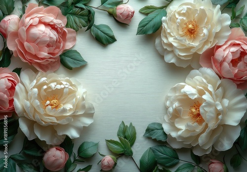 A peony frame template for a card or wedding invitation. A floral background of peonies with space for text. Floral background.