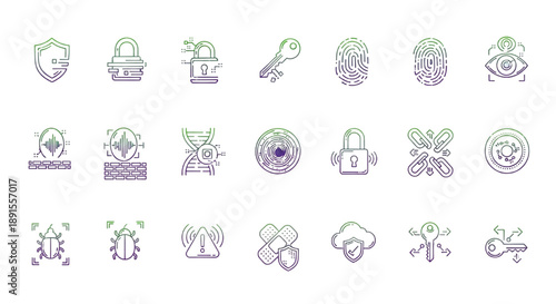 Cyber Security Icons Featuring Protection and Digital Identity Verification