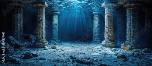 Ethereal Sunbeams Illuminate Ancient Submerged Columns in Deep Blue Water, Evoking a Lost City Mystery