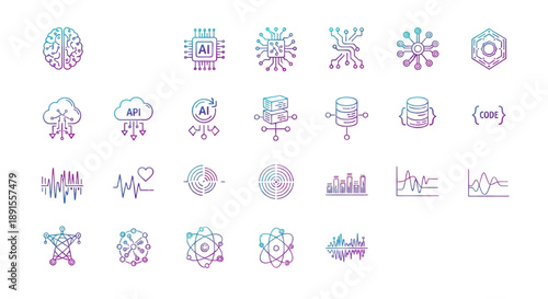 Vibrant gradient technology and data analytics icons set for modern digital concepts and innovative solutions