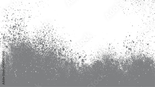 Gray spray paint splatters and dots on a white background with a dense cluster at the bottom