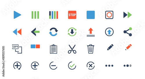 Collection of user interface icons for media playback, editing, and general functions