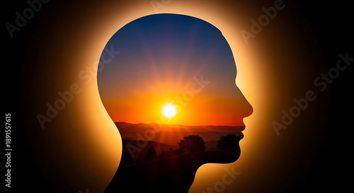 Sunset landscape inside human head silhouette with vibrant orange glow