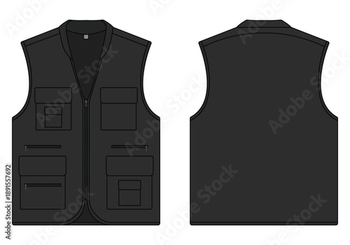 Mockup for black utility vest, outdoor vest front and back view