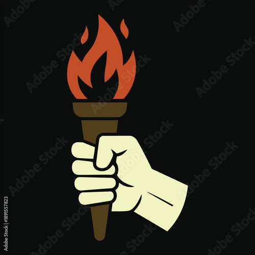 A strong hand holds a burning torch with bright orange and red flames against a dark black setting