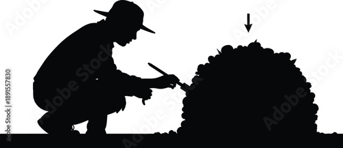 Man in hat crouches beside pile digging with tool silhouette silhouette, man, hat, crouching, digging, tool, pile, heap, ground, excavation, construction, labor, worker, digging tool, shovel, spade, a