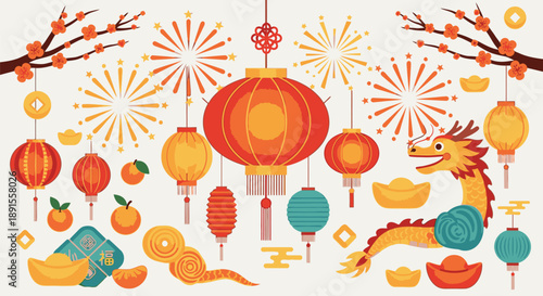 Vibrant Chinese New Year celebration illustration with dragon, lanterns, and fireworks