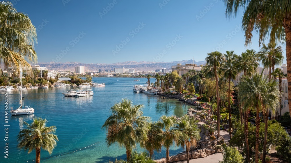 Obraz premium Scenic view with palm trees and boats under clear blue sky.