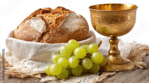 Freshly baked bread with golden chalice and green grapes on rustic cloth.