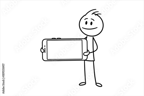 Stick Figure Cartoon Man Holding a Blank Horizontal Smartphone Screen for Your Content and Message Display