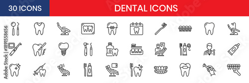 Dental And Oral Health Hygiene Care Thin Line Icon Set
