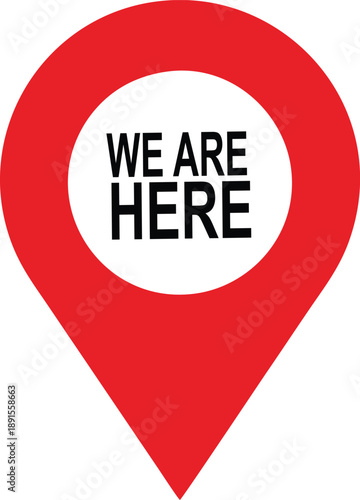 Free Download Red Map Pin Icon with We Are Here Text, Professional Location Marker for Business Address and Store Front Signage, Navigation GPS Point Symbol on White Background  - GFXLoad
