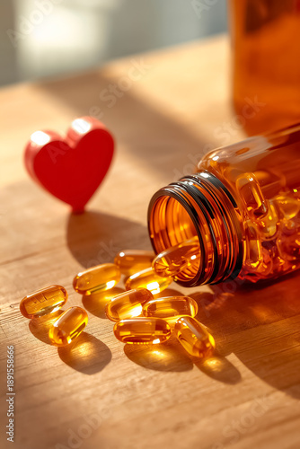 Omega-3 Fish Oil Softgels Spilling from Amber Bottle with Heart Shape on Wooden Table
