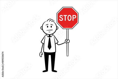 Stick figure man holding a red stop sign, illustration of prohibition