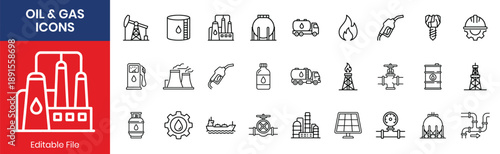 Oil And Gas Refinery Energy Plant And Drilling Rig Thin Line Icon Set