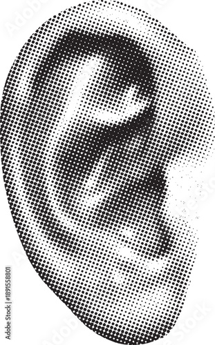 Retro collage halftone duotone Silhouette of a human ear isolated on transparent background