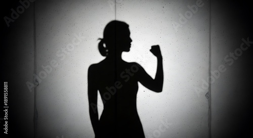 Confident woman silhouette flexing arm muscle in dramatic light