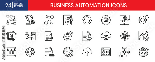 Business Automation Robotic Arm And Cloud System Integration Thin Line Icon Set