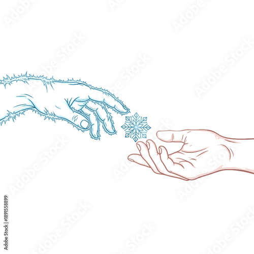 Hand Covered in Ice and Frost Passing a Snowflake to a Warm Human Hand, Conceptual Vector Illustration for Winter Season, Cold Weather, and Temperature Contrast