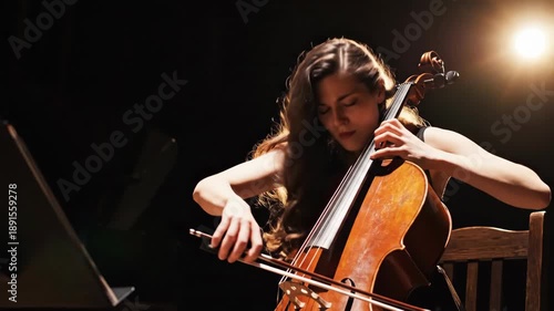 Female cellist playing a cello on a dark stage with dramatic lighting. Young woman musician performing a classical piece during a concert or rehearsal