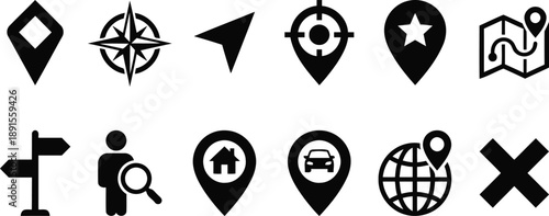 Navigation Icon Set: A comprehensive collection of navigational icons, perfect for representing locations, directions, and essential elements.