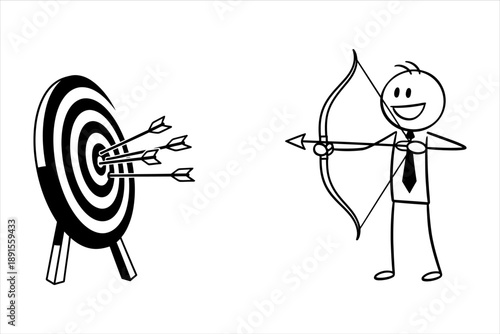 Business man aiming at target with arrows, success and strategy concept