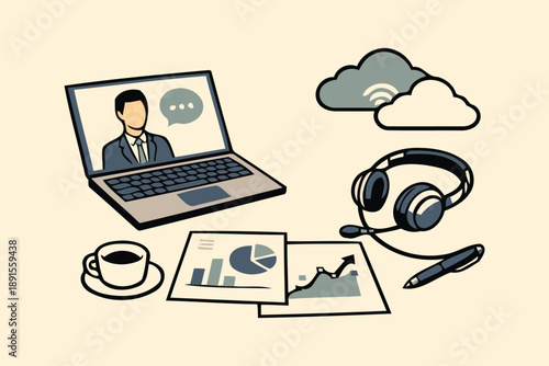 online meeting with video call,coffee,and business graphs