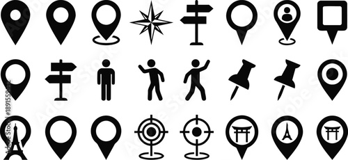Navigational Icons: A collection of meticulously crafted, black navigational icons, artfully arranged to guide and inform, providing a versatile resource for mapping, travel, and exploration.