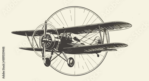 Vintage biplane airplane illustration with propeller and wheels on pale background Ai Generated