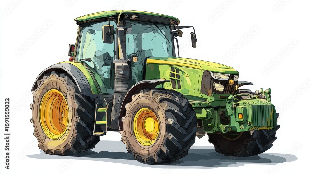 Obraz premium Minimalist digital artwork of a green farming tractor with yellow wheels on a plain white surface