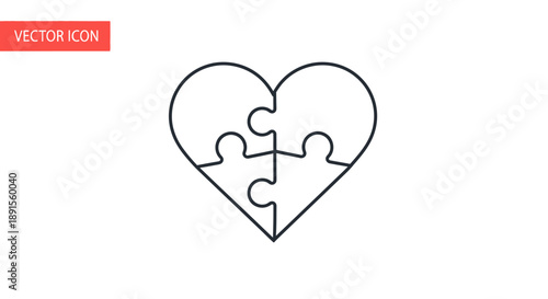 A heart-shaped jigsaw puzzle piece coming together on a white background with a red VECTOR ICON tag.