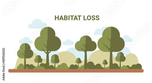 Habitat Loss: The illustration encapsulates the poignant reality of habitat loss. Featuring stylized trees and shrubs, it tells a tale of the environment degradation.