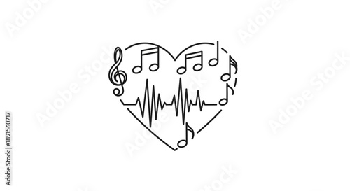 A black line drawing of a heart with musical notes and an ECG rhythm on a white background.