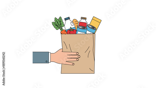 Person in a business suit holding a brown paper grocery bag filled with fresh vegetables, milk, bread, and canned food items on a white background.