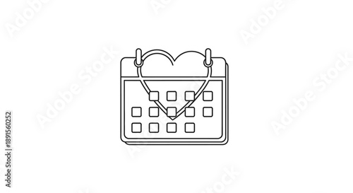 Line drawing of a calendar with a heart on a specific date against a clean white background.