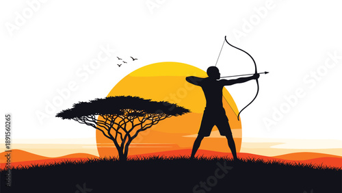 Silhouette of a warrior aiming a bow and arrow during sunset in the African savanna with an acacia tree and mountains.