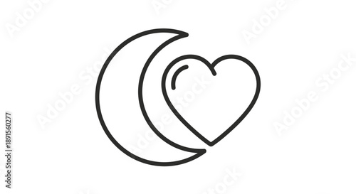 A simple line drawing of a crescent moon overlapping a heart on a white background with minimalist design.